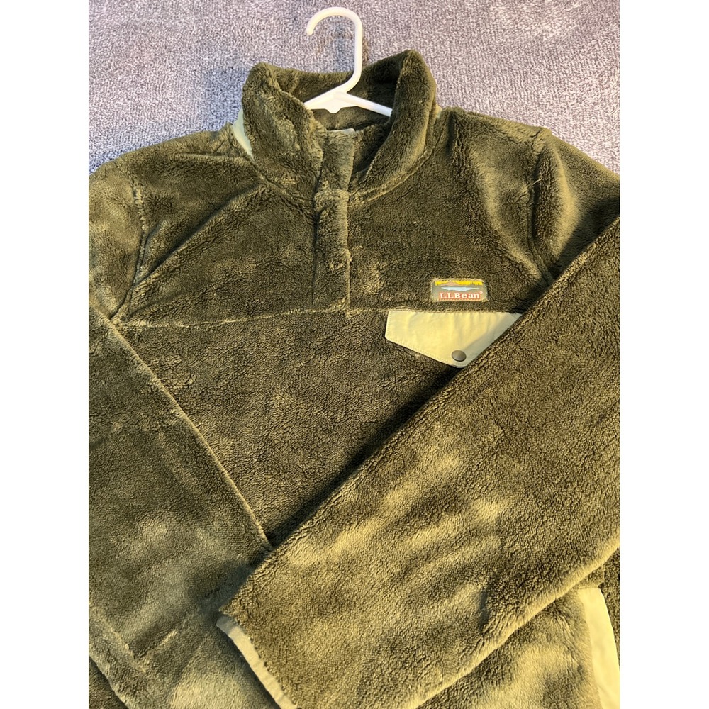 LL Bean Women's HiPile Fleece Pullover Olive Green Snap Neck Jacket Large Petite